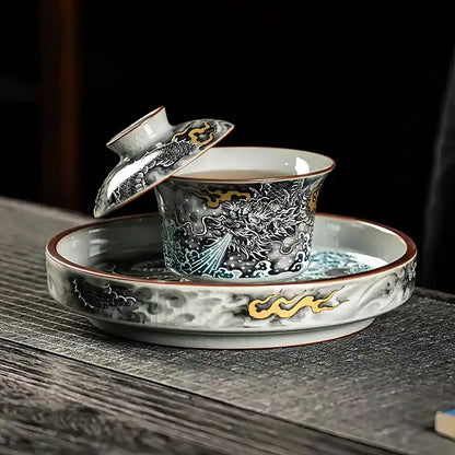 Handcrafted Porcelain Gaiwan Set with Ink Dragon Motif – Each Crack Tells a Story, Each Brew Deepens the Glaze