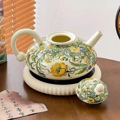 Vintage Oil Painting Rose Flower Teapot & Cup Set – Ceramic Teapot with Cups, Retro Floral Tea Set, Elegant Gift Box for Women