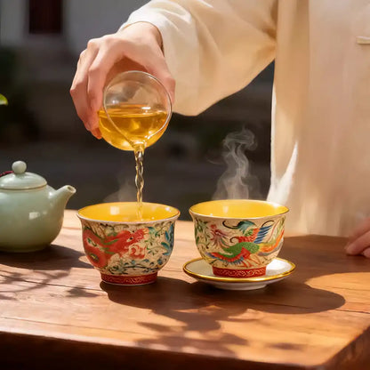 Enamel-Gilded Dragon & Phoenix Pair Teacups - Handcrafted Porcelain Tea Set, Chinese Antique-Style Gift
