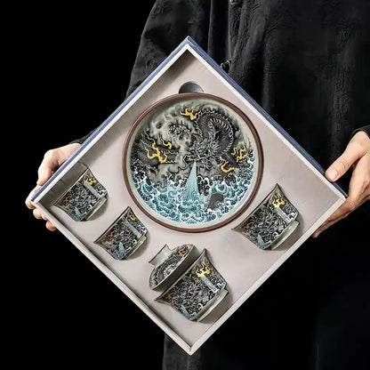 Handcrafted Porcelain Gaiwan Set with Ink Dragon Motif – Each Crack Tells a Story, Each Brew Deepens the Glaze