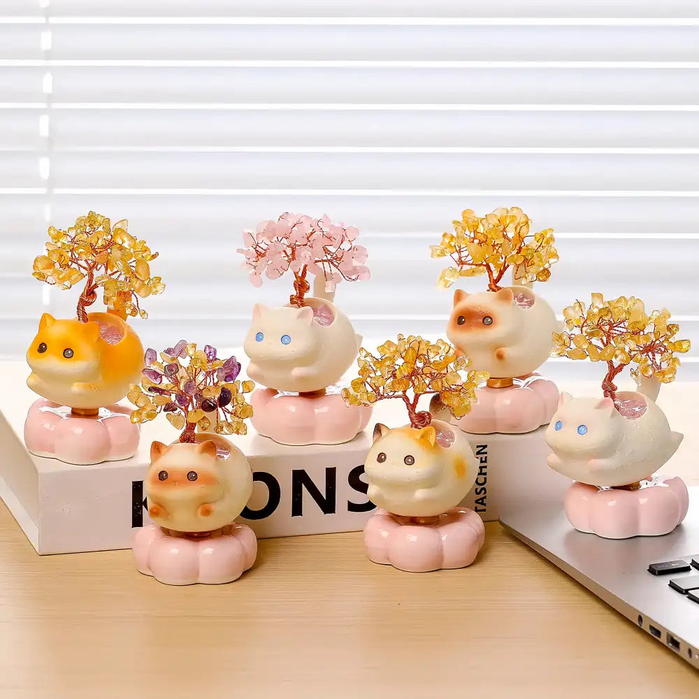 Crystal Spinning Money Tree with Lucky Cat