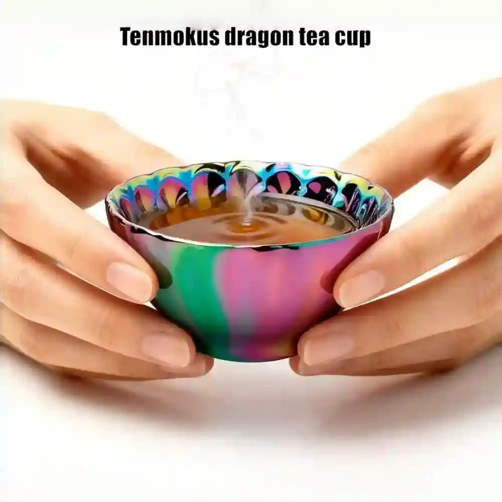 Seven-Colored Peacock Cup – Kiln-Changed Tenmoku Tea Bowl, Creative Lotus Design, Artisan Tea Ceremony Gift