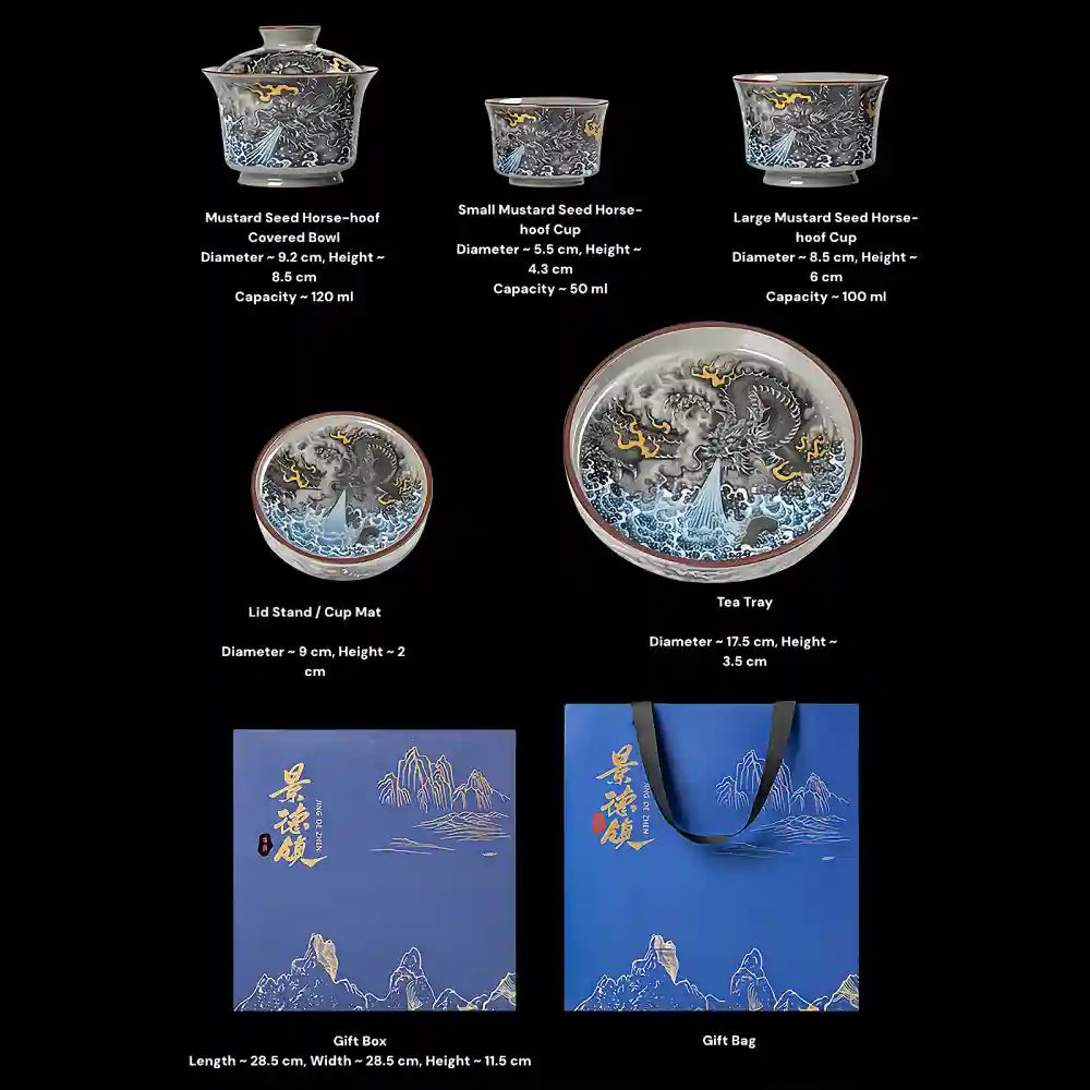 Handcrafted Porcelain Gaiwan Set with Ink Dragon Motif – Each Crack Tells a Story, Each Brew Deepens the Glaze