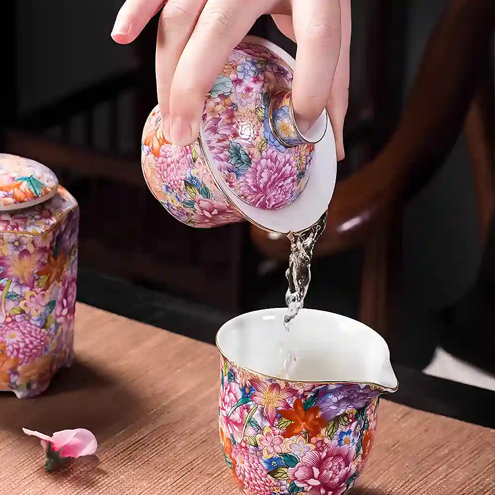 Hand-painted Enamel Teapot with Gaiwan & Cups – Heirloom-Quality Artistry for Tea Masters and Discerning Collectors