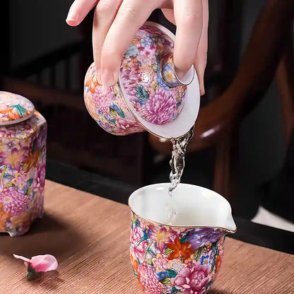 Hand-painted Enamel Teapot with Gaiwan & Cups – Heirloom-Quality Artistry for Tea Masters and Discerning Collectors