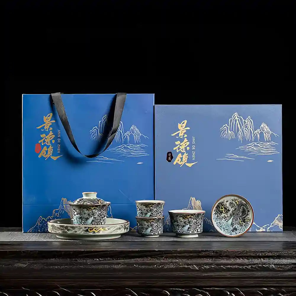 Handcrafted Porcelain Gaiwan Set with Ink Dragon Motif – Each Crack Tells a Story, Each Brew Deepens the Glaze