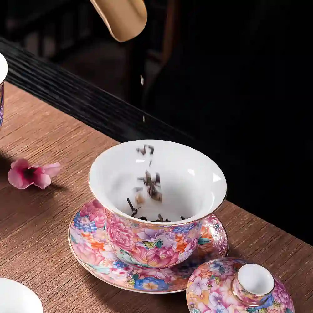 Hand-painted Enamel Teapot with Gaiwan & Cups – Heirloom-Quality Artistry for Tea Masters and Discerning Collectors